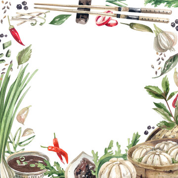Steam dumplings, chopsticks, herbs and spices square watercolor frame. Traditional Asian cuisine background for menus of cafes, restaurants. Steam dumplings watercolor illustration.
