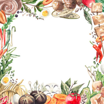 Square watercolor frame with ingredients for traditional asian cuisine. Meat, tofu, mushrooms, peppers, spices, and other foods watercolor illustration in sketch style.