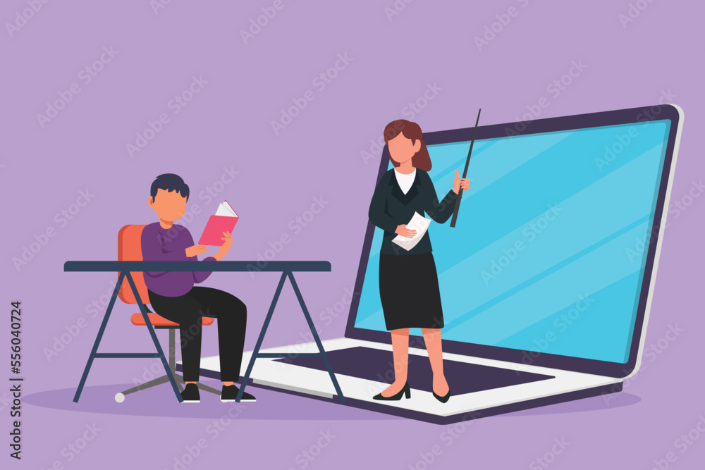 Wall mural Cartoon flat style drawing of female teacher standing in front of laptop screen holding book and teaching male junior high school student sitting on chair near desk. Graphic design vector illustration