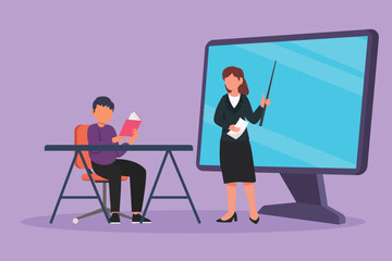 Character flat drawing young female teacher standing in front of monitor screen holding book and teaching male junior high school student sitting on chair near desk. Cartoon design vector illustration