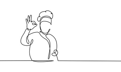 Cook Continuous Line Drawing Black Sketch Isolated on White Background. Chef One Line Illustration for Minimalist Design. Restaurant Logo. Vector EPS 10. 