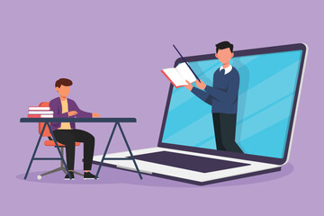 Fototapeta na wymiar Graphic flat design drawing male student sitting on chair with desk studying staring at giant laptop screen and inside laptop there is male lecturer who is teaching. Cartoon style vector illustration