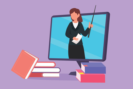 Character Flat Drawing Beauty Female Teacher Teaching, Half Of Her Body Is Out Of Computer Monitor Screen With Pile Of Book. Internet Class. Online Learning Concept. Cartoon Design Vector Illustration