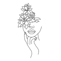 Woman Head with Flowers Line Art Vector Drawing. Style Template with Female Face with Flowers. Modern Minimalist Simple Linear Style. Beauty Fashion Design 