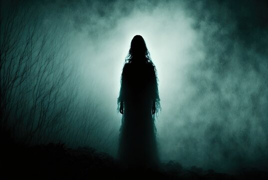 Haunted apparition in a dress with long hair in dense white midnight fog - creepy ghost form of female silhouette.