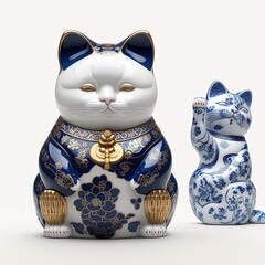 Maneki neko cat in blue Chinese porcelain style illustration made with Generative AI
