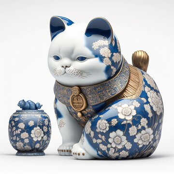 Maneki Neko Cat In Blue Chinese Porcelain Style Illustration Made With Generative AI
