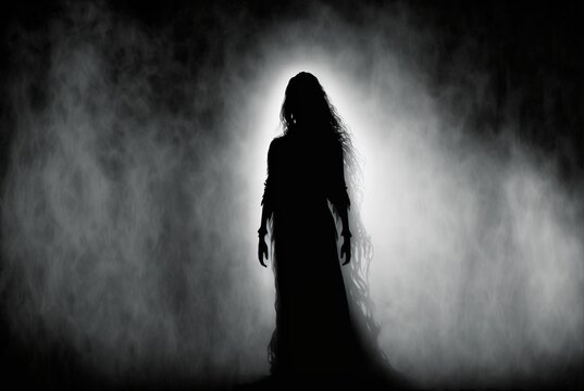 Haunted apparition in a dress with long hair in dense white midnight fog - creepy ghost form of female silhouette.
