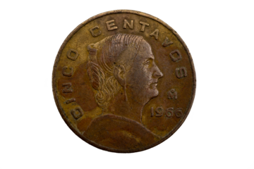 Moneda Mexicana Antigua de cinco centavos de Josefa Ortiz de Domínguez 1966, latón
