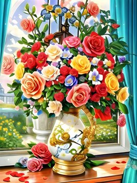 Bouquet of roses and gift box. Painting of roses and leaves in a vase by the window.