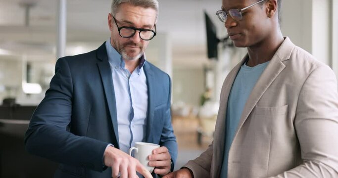 Business people, teamwork and discussion of documents in office for marketing, advertising or sales proposal. Ceo, leader and mentor with worker discussing internship paperwork for project at work.
