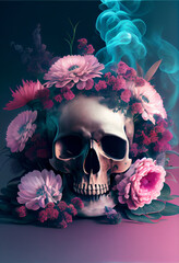 Skull Surrounded with White and Pink Flowers. Generative ai