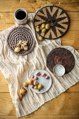 flatlay food photo of colorful fresh salad on yellow and white textile mat