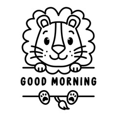 Cute lion with good morning sentence cartoon characters vector illustration. For kids coloring book.
