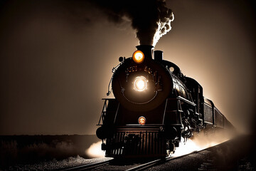 Fototapeta na wymiar Steam Locomotive at Night - Generative AI