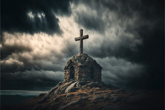  a cross on top of a hill with a cloudy sky behind it and a dark sky above it with clouds. Generative AI