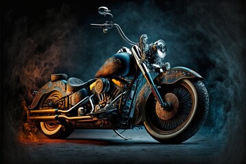  a motorcycle with a skeleton on the back of it is shown in a dark room with smoke and a black background. Generative AI - obrazy, fototapety, plakaty