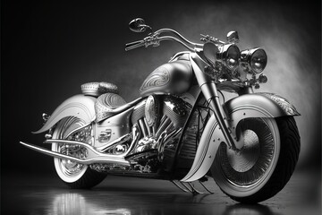  a silver motorcycle is parked in a black and white photo with smoke coming out of the back tire and the front tire. Generative AI