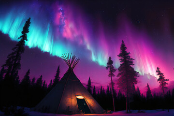 Amazing northern lights dancing over the tepees at Aurora Village in Yellowknife. Digital art	