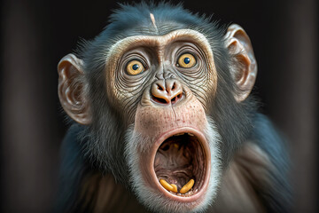 Chimpanzee expresses emotions Funny monkey with an open mouth.  Comedy Wildlife  background. Digital artwork - obrazy, fototapety, plakaty