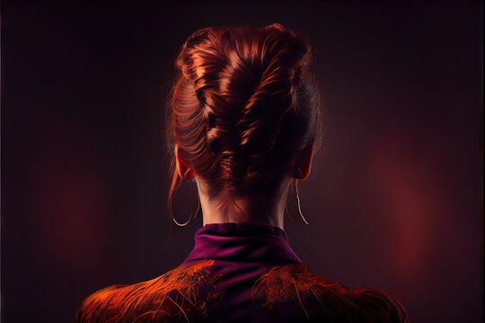  A Woman With Red Hair In A Braid And A Purple Dress With A Red Back And A Red Background.