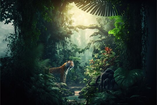  a tiger in a jungle with a stream of water and trees in the background with a bird flying over it.