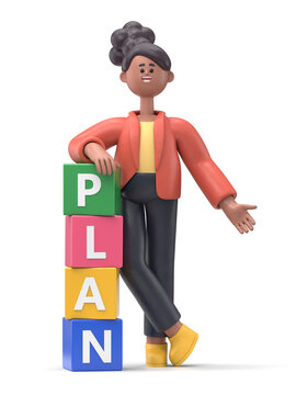 3D illustration of smiling african american woman Coco leaning against dices with the word plan,3D rendering on blue background.

