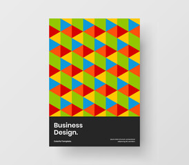 Bright mosaic hexagons company brochure illustration. Isolated journal cover design vector layout.