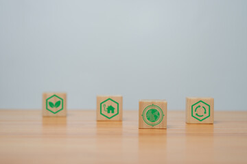 Long-term, climate-neutral strategy,   wooden cubes with carbon emission reduction and green icon, Low carbon, carbon neutral concept,green banne.