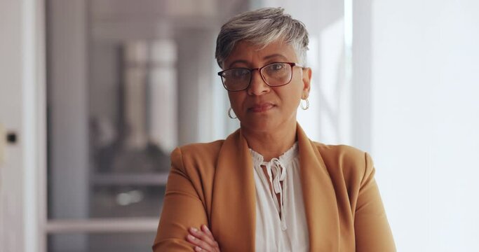 Face, leadership and senior business woman in office ready for goals or target. Ceo, boss and elderly, proud or confident female manager from India with mission, vision or success mindset at work.