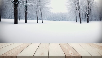 Winter snow landscape with wooden table in front.