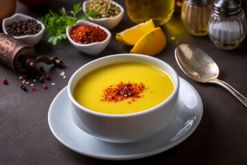 Traditional delicious Turkish foods; Red lentil soup (Turkish name; Mercimek corbasi)