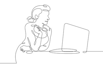 One continuous line. A woman eats on a laptop. Eating at the computer. Internet work. Girl with a laptop.One continuous line on a white background.