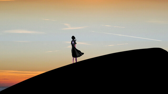 girl at night scene mountain digital art ,type painting ,3d illustration