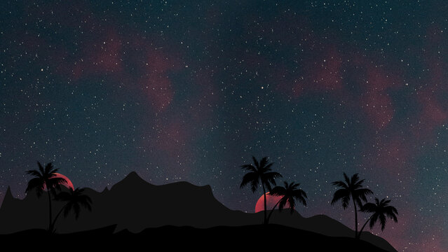 star sky and night mountain digital art ,type painting ,3d illustration