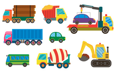 Big vector set of transport and cars in funny cartoon style
