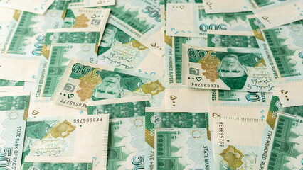 Pakistani currency five hundred bank notes. selective focus