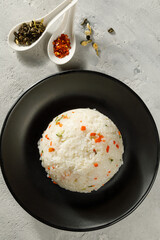 Chinese cuisine. Overhead view of plate with traditional Chinese food