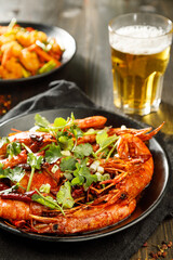 Chinese cuisine. Overhead view of plate with traditional Chinese food