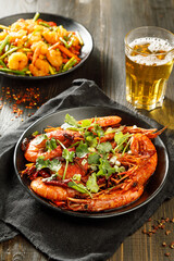 Chinese cuisine. Overhead view of plate with traditional Chinese food