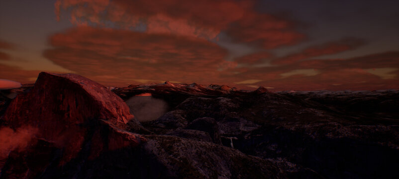 3D Rendering of Mt. Clark, Mt. Broderick and Liberty Cap in Yosemite National Park at sunset.