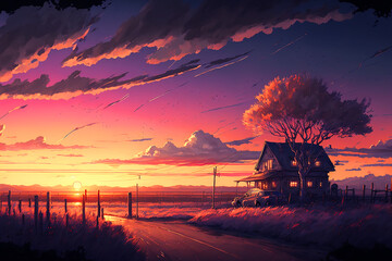 Fantastic Anime Sunset Rural Scenery. Generative AI