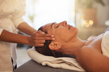 Woman, relax and hands for scalp massage in salon beauty spa for skincare wellness, stress relief and zen body care. Healing therapy, therapist and physical therapy, head or luxury facial dermatology