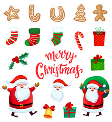 christmas template in cartoon style with christmas candies, gifts, holly leaves, bells and santa. 