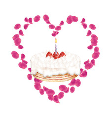 手描き水彩画のケーキにハート型花びらフレーム付き