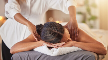 Woman at spa for massage with therapist and holistic treatment, wellness and self care with...