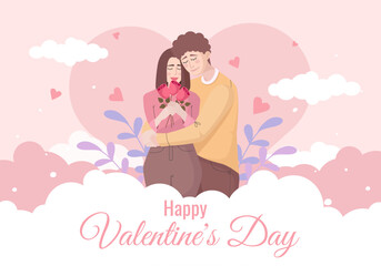 flat illustration with lovers on the background of clouds and hearts and text happy valentines day