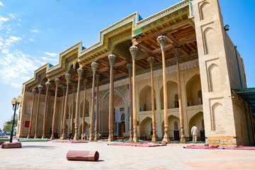 Ancient Bolo-Hauz mosque close-up on a sunny September day. Bukhara, Uzbekistan