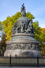 Monument of "Millennium of Russia" (1862) on golden autumn. Kremlin of Veliky Novgorod, Russia