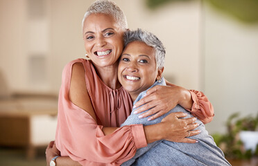 Portrait, senior women and friends hug, smile and bonding for break, relax and reunion. Retirement,...